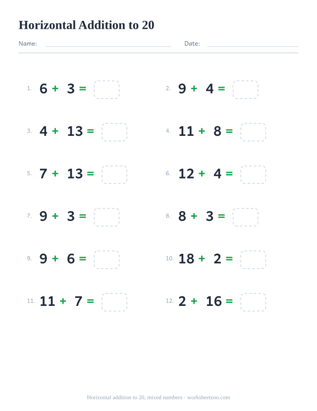 Horizontal addition worksheet, 12 problems within 20 mixing every kind of number pair written left to right