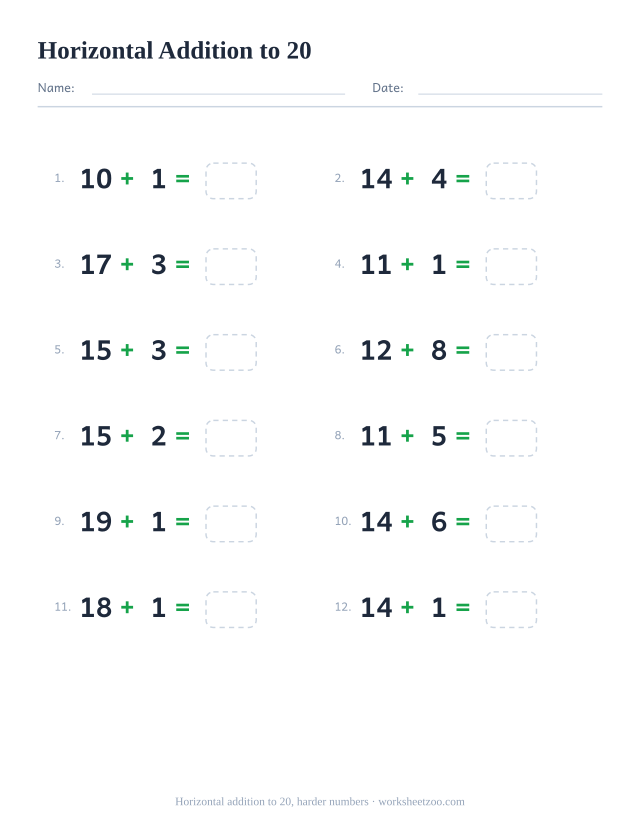 Horizontal addition worksheet, 12 problems within 20 that each include a larger number written left to right