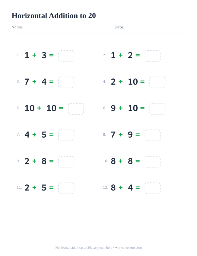 Horizontal addition worksheet, 12 problems within 20 built from two small numbers written left to right