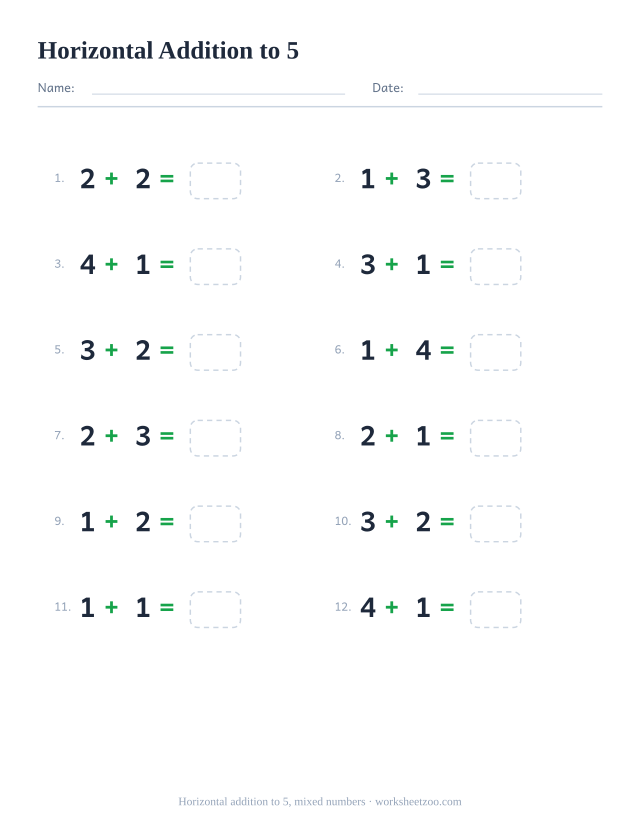 Horizontal addition worksheet, 12 problems within 5 mixing every kind of number pair written left to right