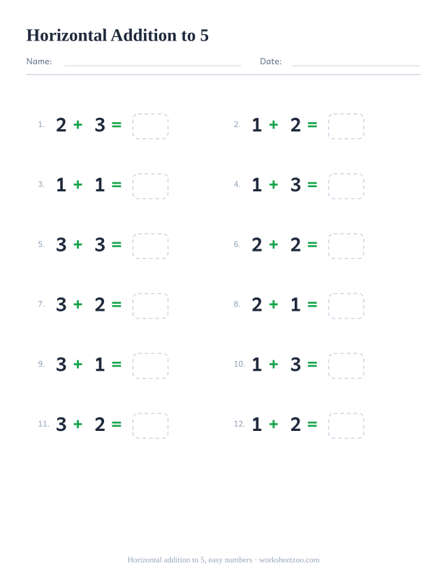 Horizontal addition worksheet, 12 problems within 5 built from two small numbers written left to right