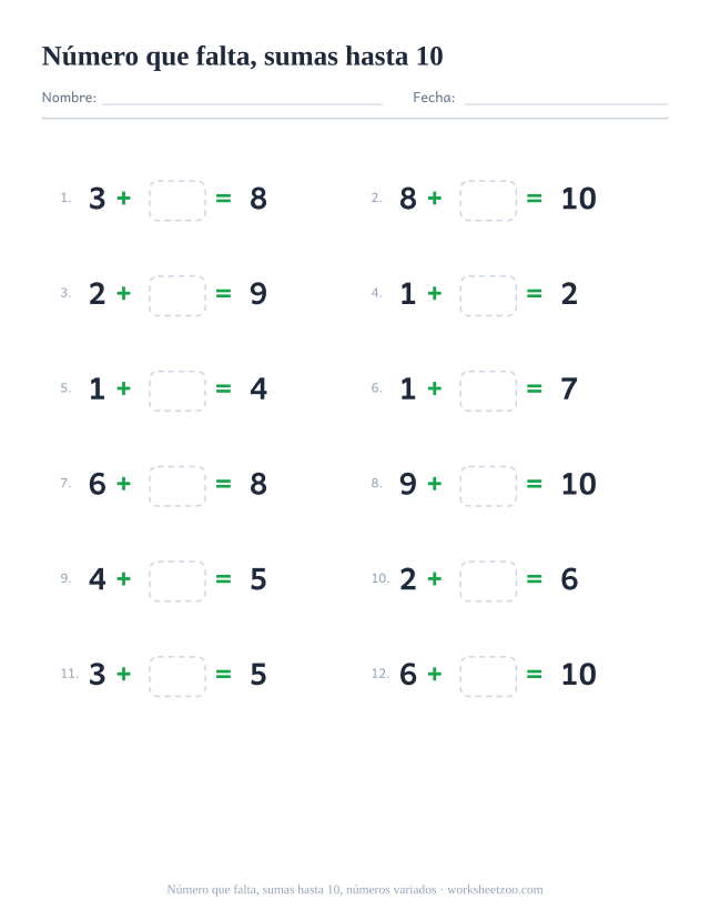 Ficha de sumas con un número que falta, 12 operaciones hasta 10 con parejas de números variadas con una casilla para completar
