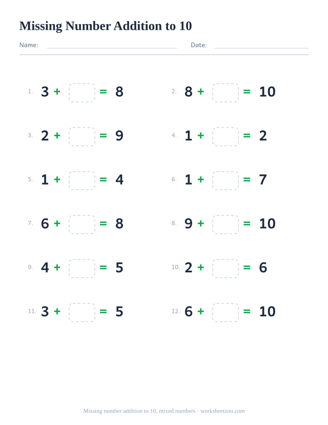 Missing number addition worksheet, 12 problems within 10 mixing every kind of number pair with a box to fill in