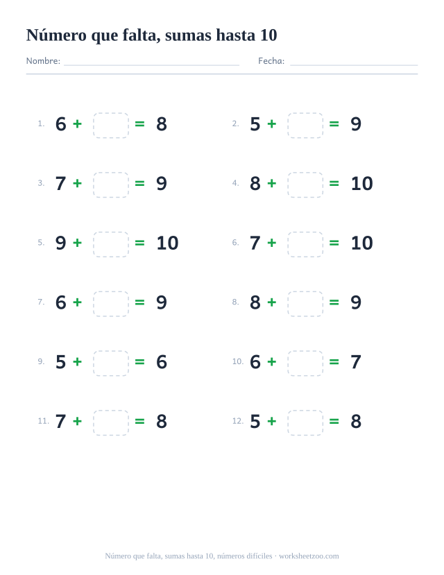 Ficha de sumas con un número que falta, 12 operaciones hasta 10 en las que aparece un número más grande con una casilla para completar