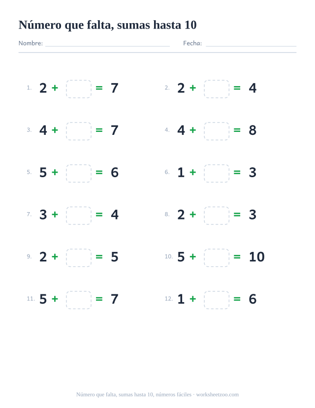 Ficha de sumas con un número que falta, 12 operaciones hasta 10 con dos números pequeños con una casilla para completar
