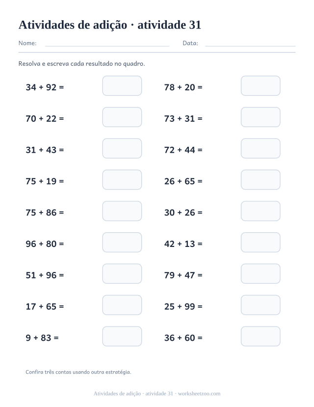 Prévia de Atividades de adição, atividade 31 para imprimir