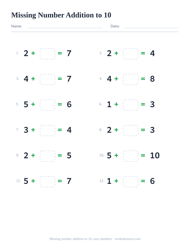 Missing number addition worksheet, 12 problems within 10 built from two small numbers with a box to fill in