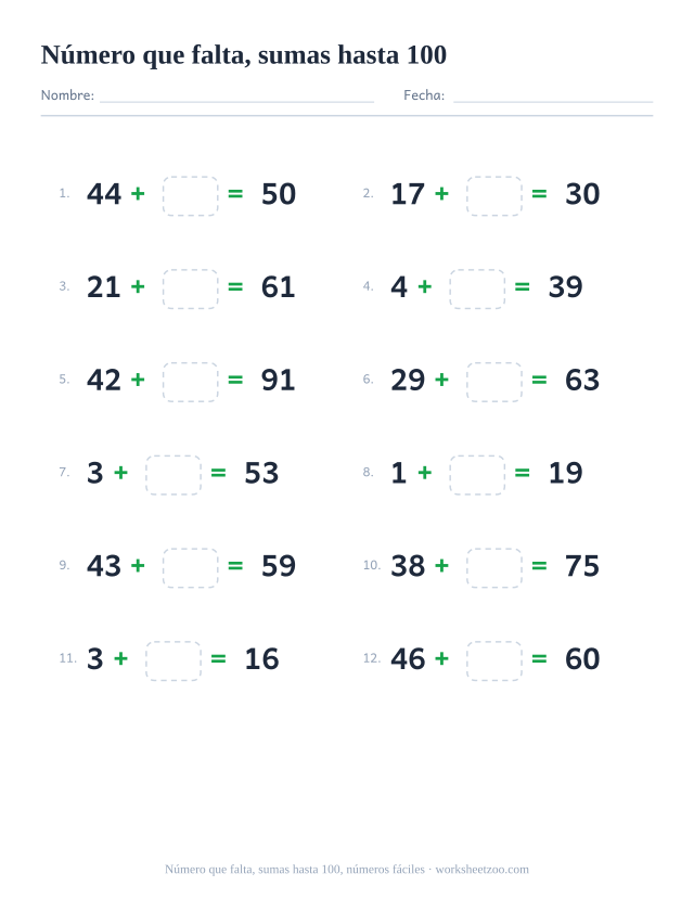 Ficha de sumas con un número que falta, 12 operaciones hasta 100 con dos números pequeños con una casilla para completar