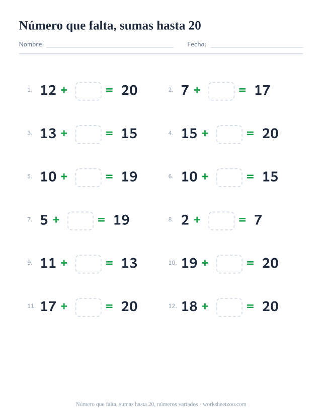 Ficha de sumas con un número que falta, 12 operaciones hasta 20 con parejas de números variadas con una casilla para completar