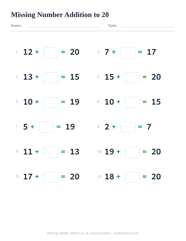 Missing number addition worksheet, 12 problems within 20 mixing every kind of number pair with a box to fill in