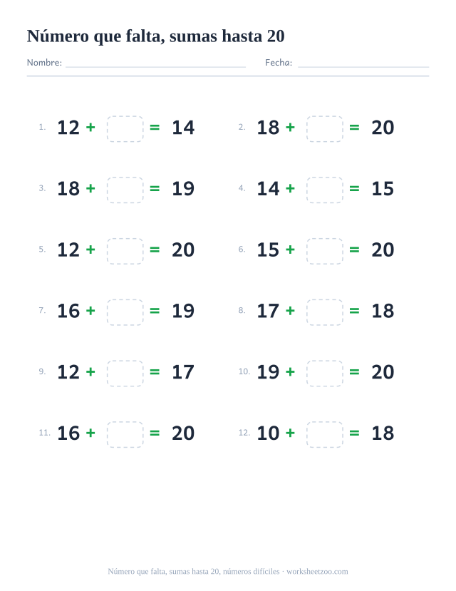 Ficha de sumas con un número que falta, 12 operaciones hasta 20 en las que aparece un número más grande con una casilla para completar