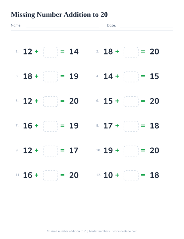 Missing number addition worksheet, 12 problems within 20 that each include a larger number with a box to fill in