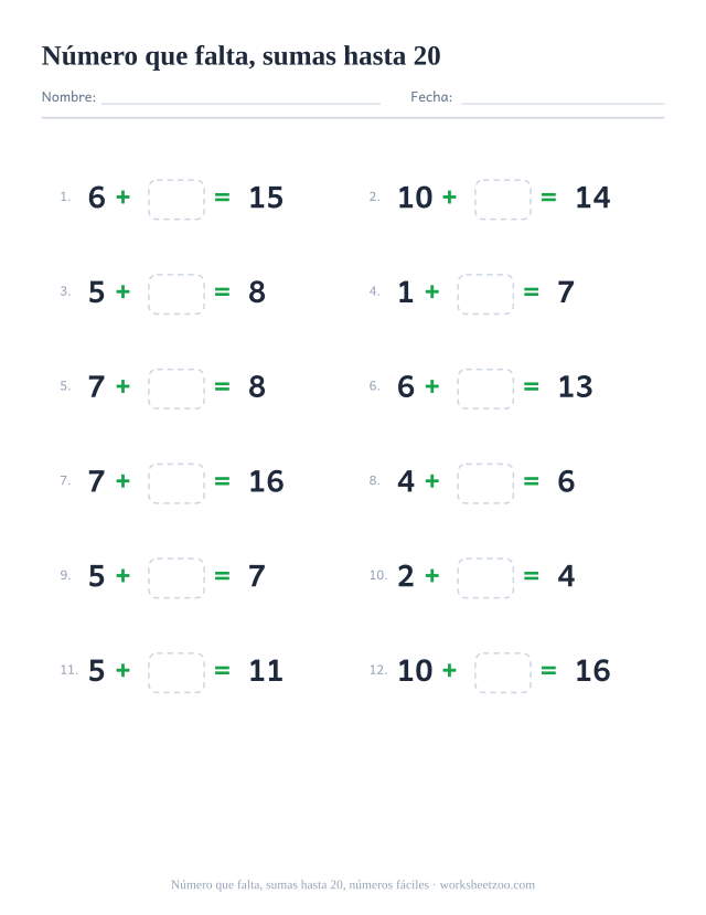Ficha de sumas con un número que falta, 12 operaciones hasta 20 con dos números pequeños con una casilla para completar