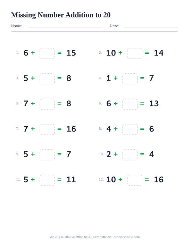 Missing number addition worksheet, 12 problems within 20 built from two small numbers with a box to fill in