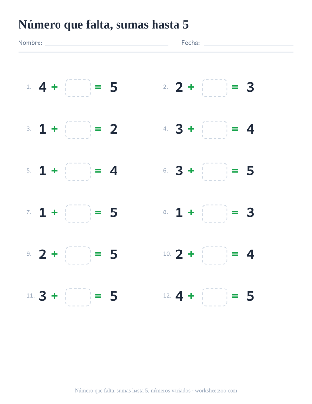 Ficha de sumas con un número que falta, 12 operaciones hasta 5 con parejas de números variadas con una casilla para completar