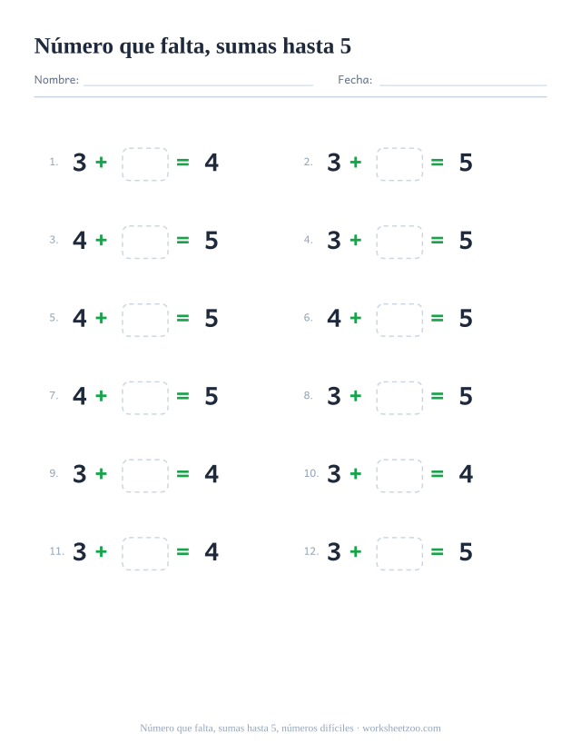 Ficha de sumas con un número que falta, 12 operaciones hasta 5 en las que aparece un número más grande con una casilla para completar