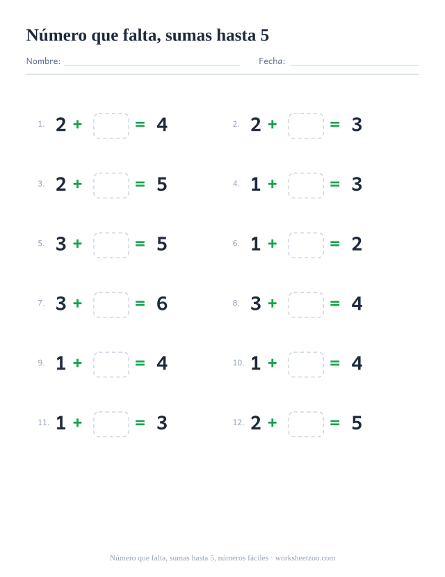 Ficha de sumas con un número que falta, 12 operaciones hasta 5 con dos números pequeños con una casilla para completar