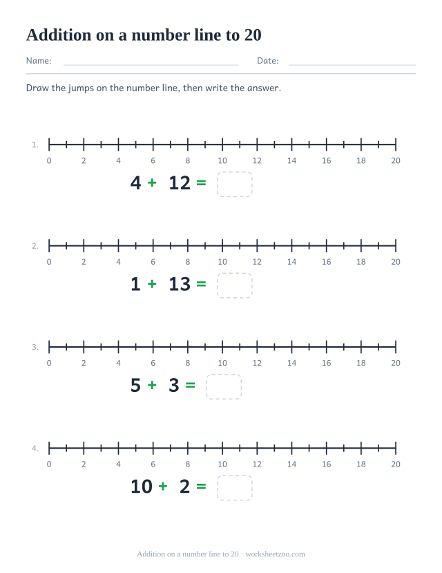 Number line addition worksheet to 20 with four lines to draw the jumps on