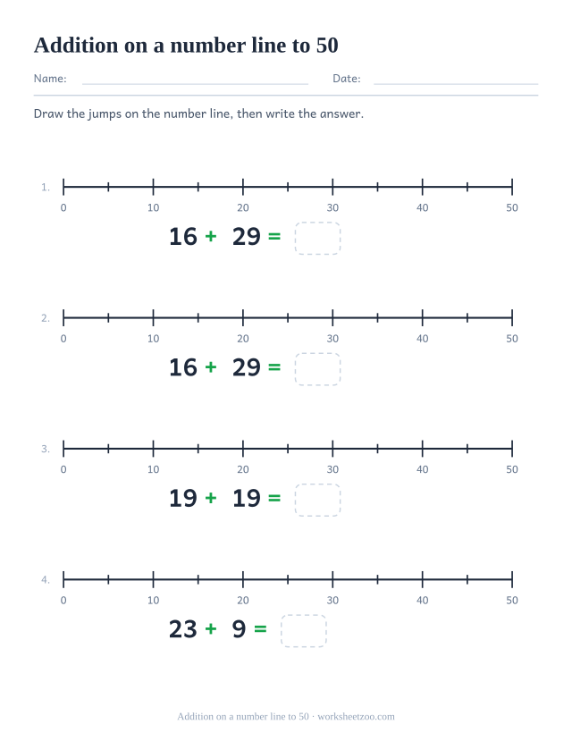 Number line addition worksheet to 50, ticks every five with labels every ten