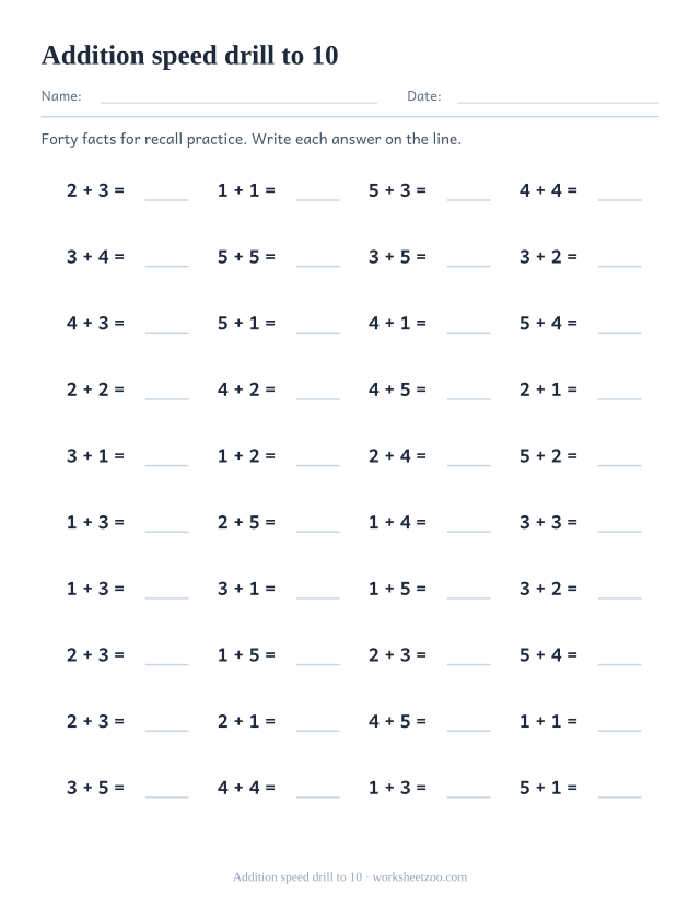 Timed addition drill worksheet with 40 facts within 10 in four columns