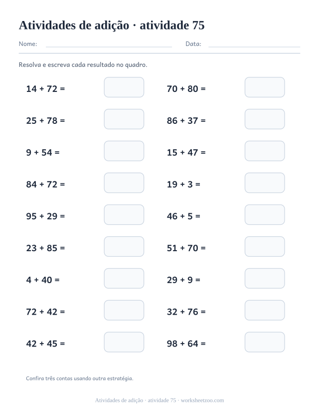 Prévia de Atividades de adição, atividade 75 para imprimir
