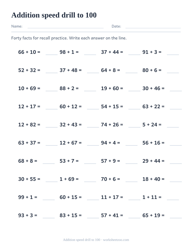 Timed addition drill worksheet with 40 sums to 100 for fluency practice