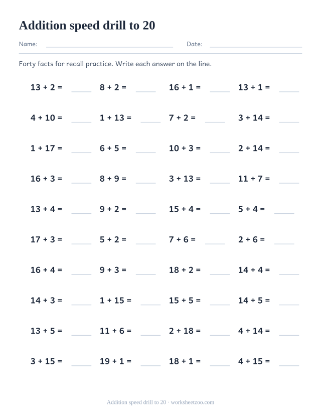 Timed addition drill worksheet with 40 facts within 20, minute-drill format