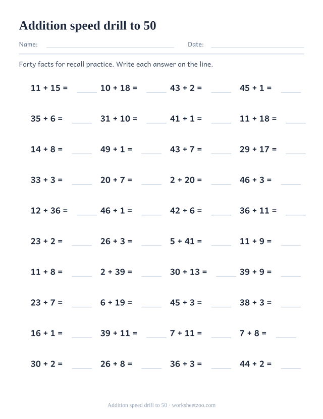 Timed addition drill worksheet with 40 two-digit sums up to 50