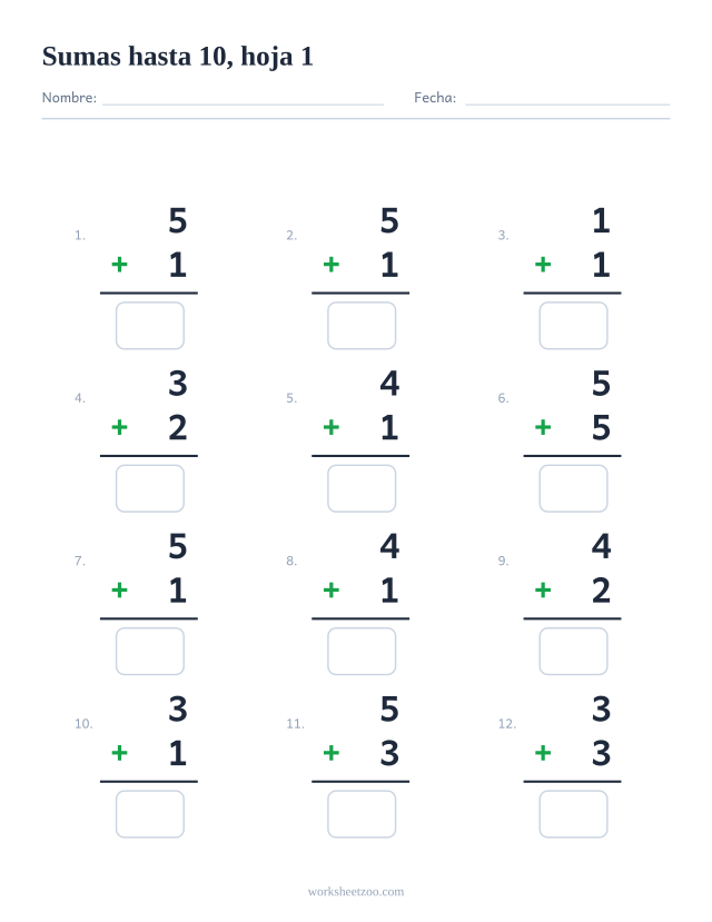 Ficha de Sumas con 12 operaciones hasta 10 con números pequeños, hoja 1