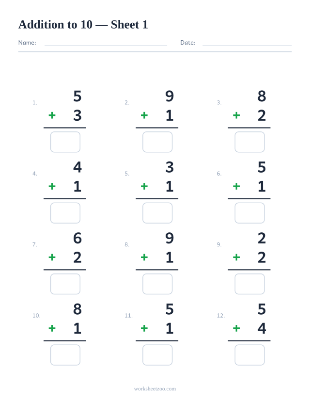 Addition worksheet with 12 problems up to 10, sheet 1