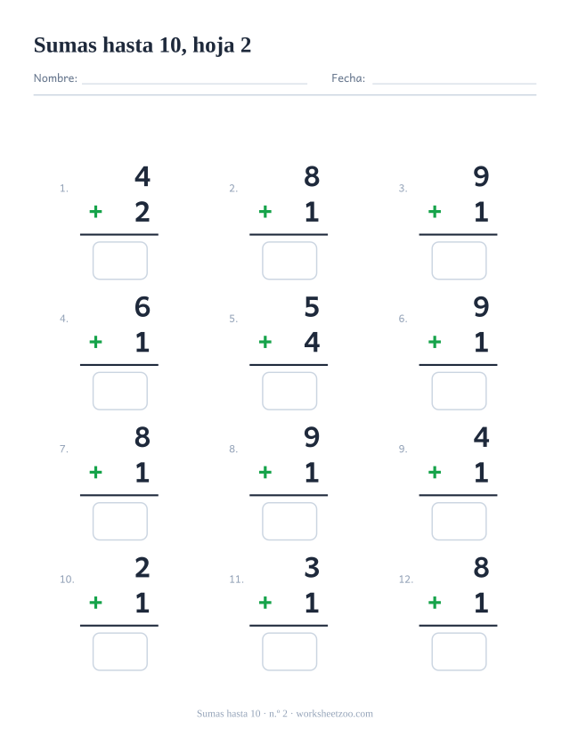 Ficha de Sumas con 12 operaciones hasta 10 con números variados, hoja 2