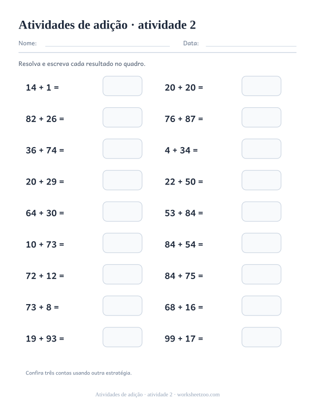 Prévia de Atividades de adição, atividade 2 para imprimir