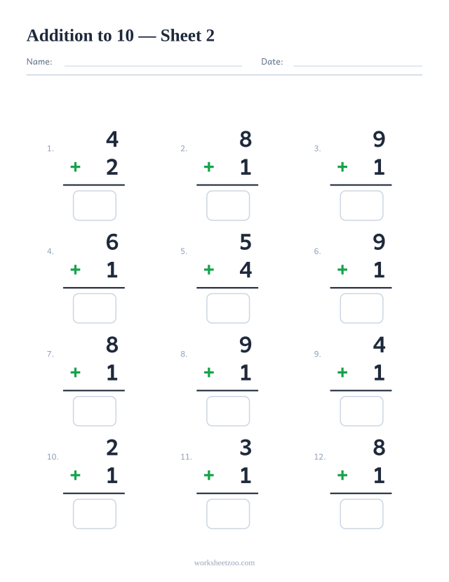 Addition worksheet with 12 problems up to 10, sheet 2