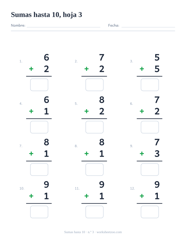 Ficha de Sumas con 12 operaciones hasta 10 con un número más grande, hoja 3