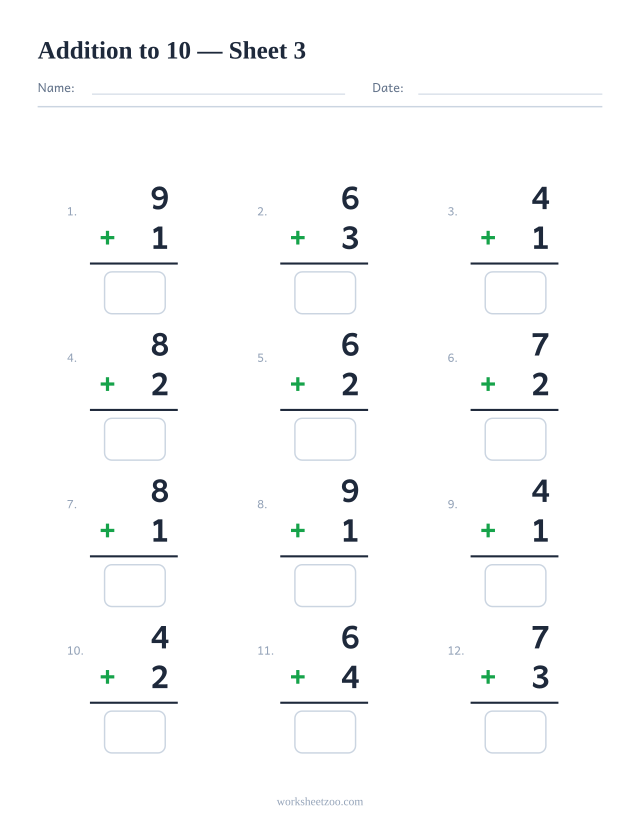 Addition worksheet with 12 problems up to 10, sheet 3