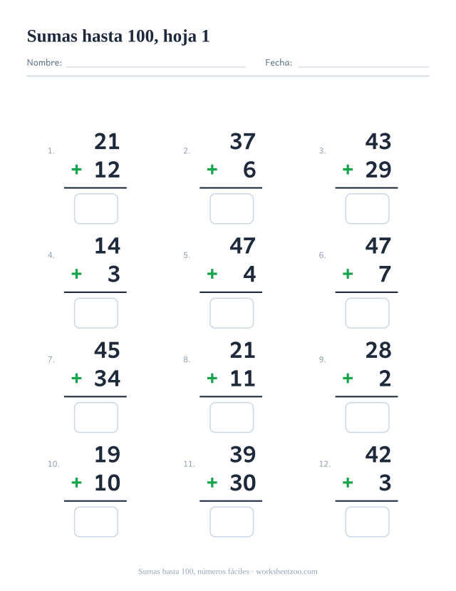 Ficha de sumas en vertical con 12 operaciones hasta 100 con dos números pequeños, con casillas de respuesta
