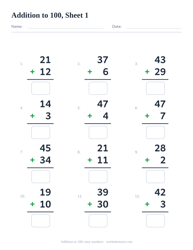 Vertical addition worksheet with 12 problems within 100 built from two small numbers, with answer boxes