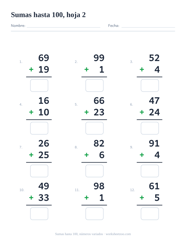 Ficha de sumas en vertical con 12 operaciones hasta 100 con parejas de números variadas, con casillas de respuesta