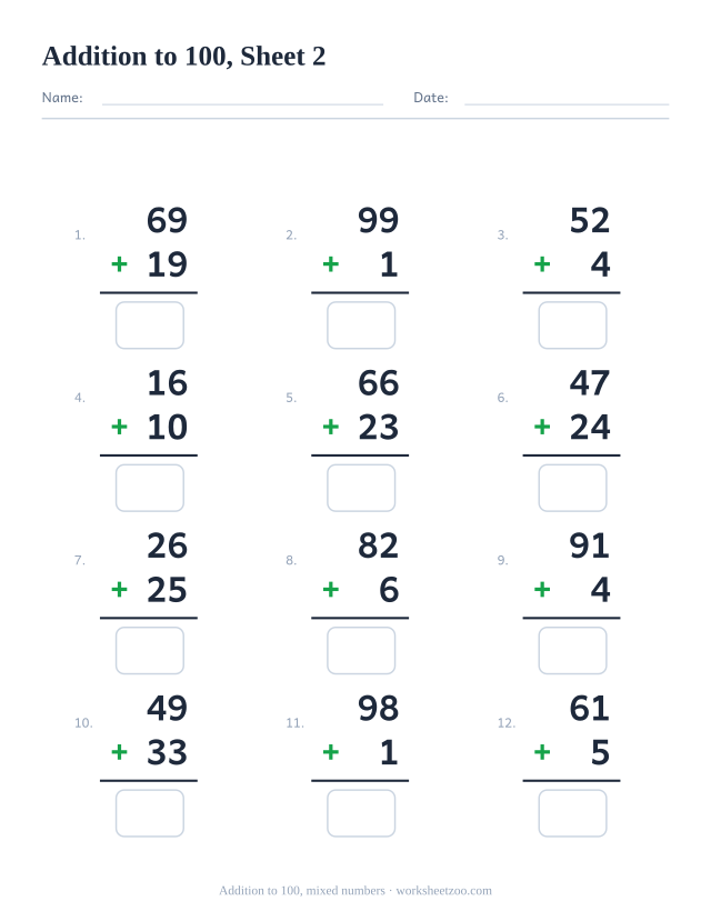 Vertical addition worksheet with 12 problems within 100 mixing every kind of number pair, with answer boxes