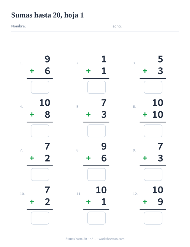 Ficha de Sumas con 12 operaciones hasta 20 con números pequeños, hoja 1