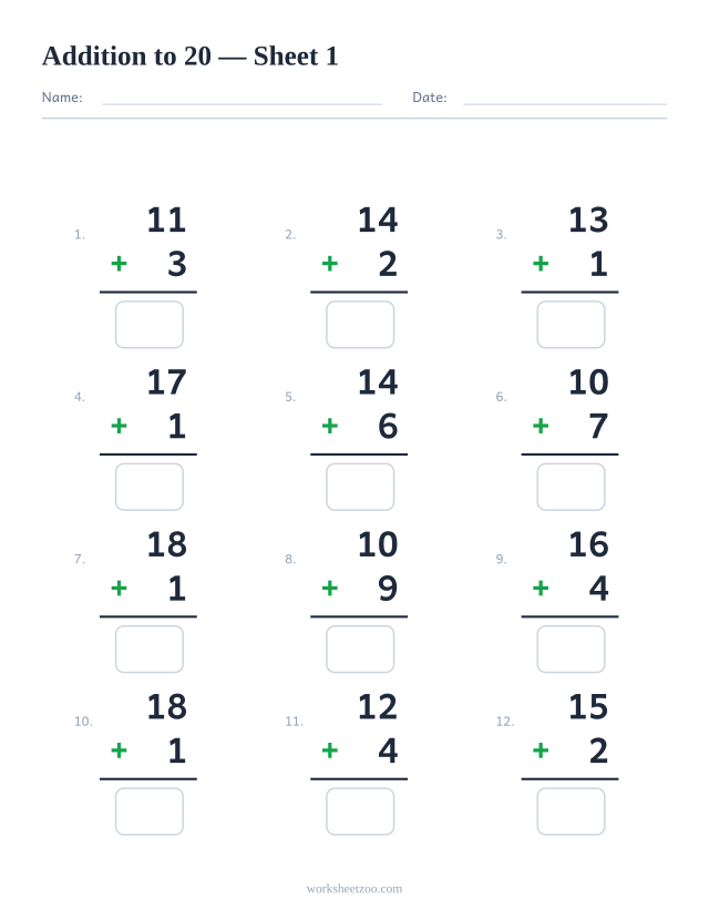 Addition worksheet with 12 problems up to 20, sheet 1