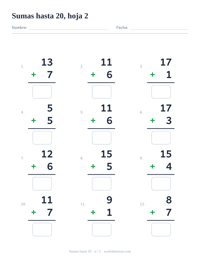 Ficha de Sumas con 12 operaciones hasta 20 con números variados, hoja 2