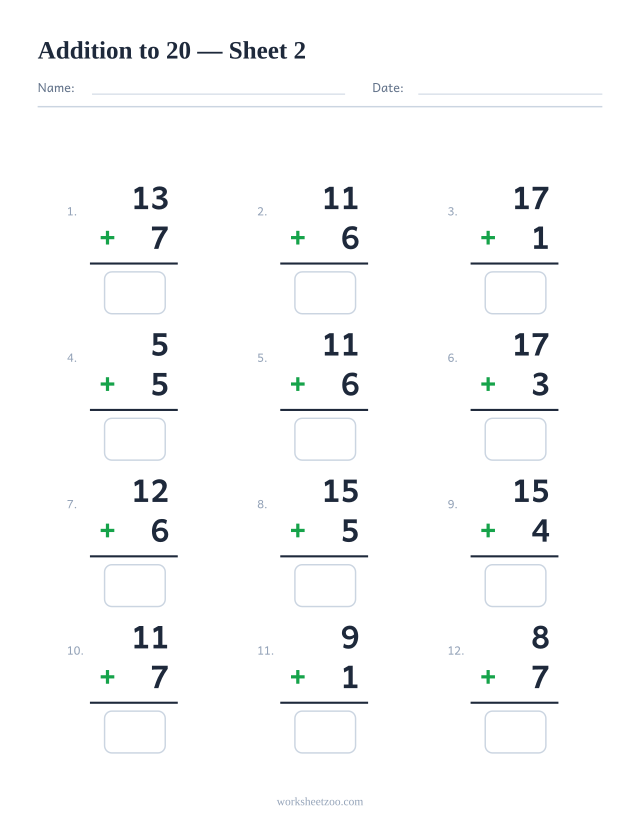 Addition worksheet with 12 problems up to 20, sheet 2
