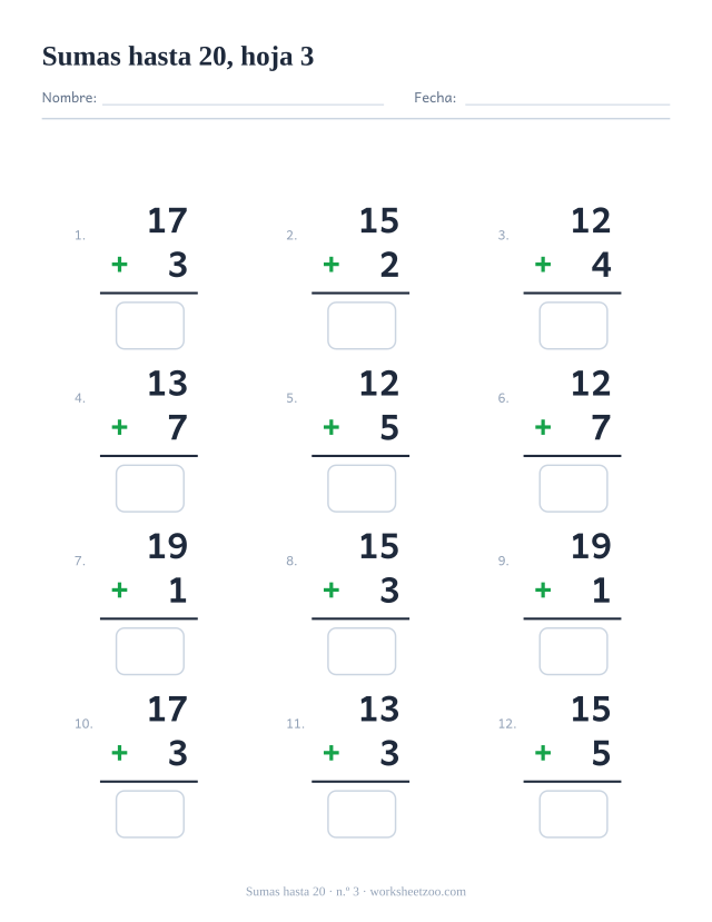 Ficha de Sumas con 12 operaciones hasta 20 con un número más grande, hoja 3