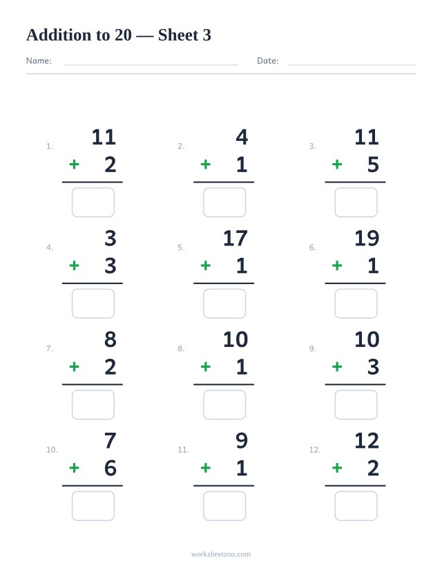Addition worksheet with 12 problems up to 20, sheet 3