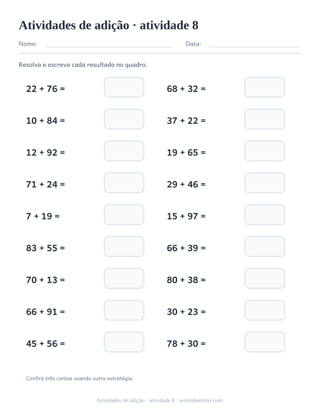 Prévia de Atividades de adição, atividade 8 para imprimir