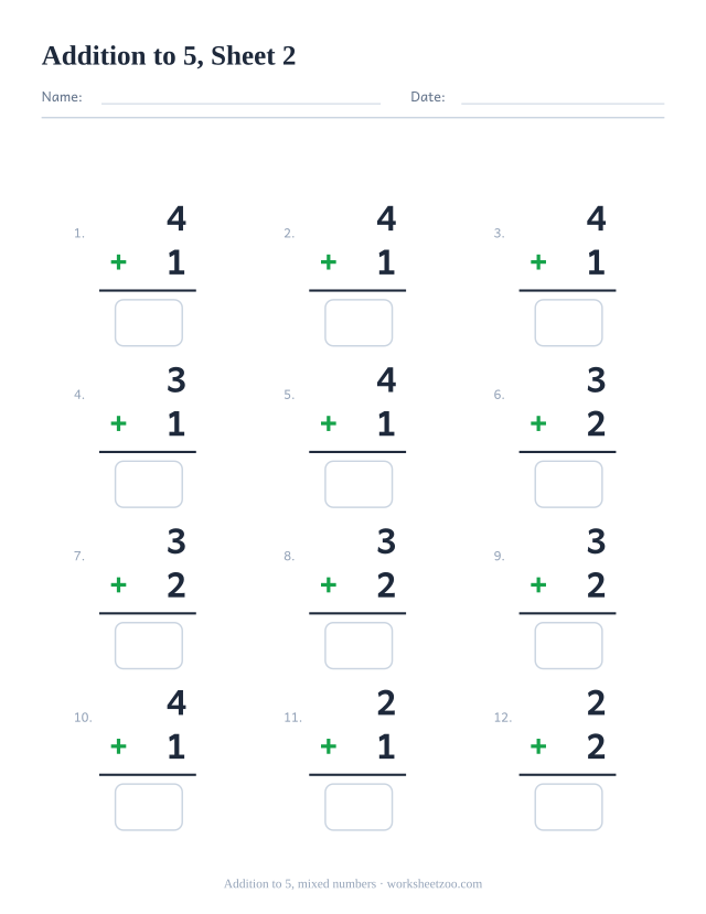 Vertical addition worksheet with 12 problems within 5 mixing every kind of number pair, with answer boxes