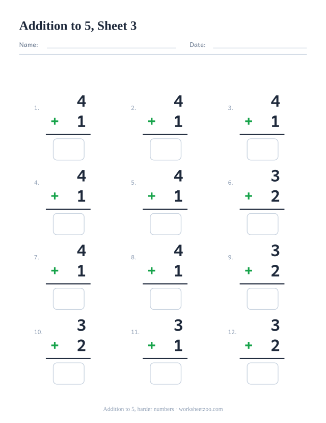 Vertical addition worksheet with 12 problems within 5 that each include a larger number, with answer boxes
