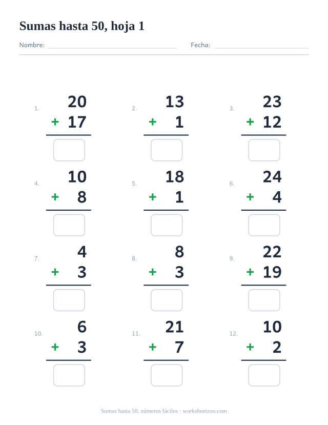 Ficha de sumas en vertical con 12 operaciones hasta 50 con dos números pequeños, con casillas de respuesta