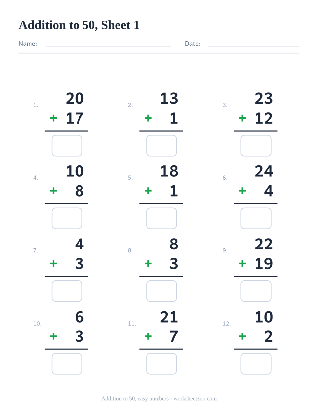 Vertical addition worksheet with 12 problems within 50 built from two small numbers, with answer boxes